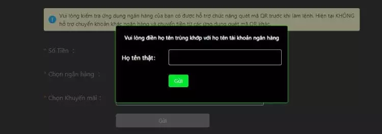 form điền họ và tên thật tài khoản ngân hàng